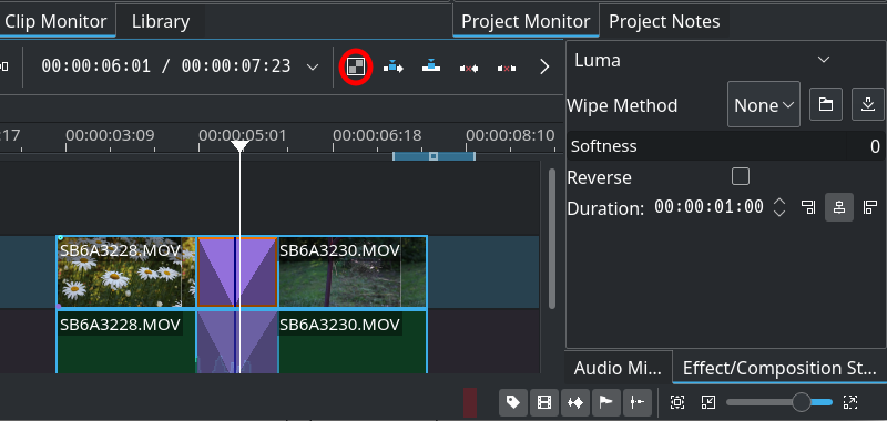 Kdenlive with mixed clips in the timeline. The toolbar button is circled with red, and the transition properties are on the right. Image courtesy of Kdenlive Manual