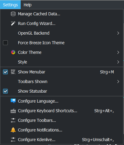 Settings menu