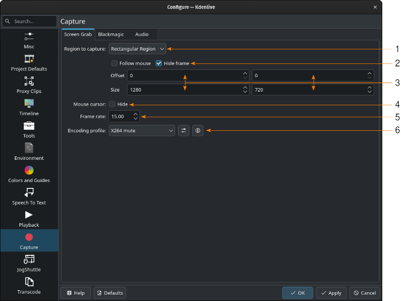 Kdenlive Configure Screen Grab
